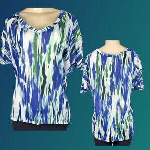 Express M Blue-Green Paint Splash V-Neck Buton Back Short Dolman Sleeve Blouse